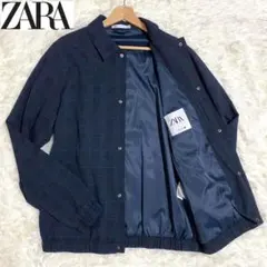 美品　ZARA　コーチジャケット　ブロックチェック　シアサッカー　ネイビー　L
