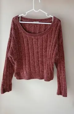 mystic リブ編み 赤 クロップドセーター　ベロア調　Fサイズ