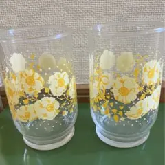 昭和レトロ　ササキガラス　ポップ黄色い花柄グラス　2個セット　タンブラー　レトロ