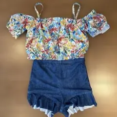 オーシャングラウンド花柄オフショルダーとフリルショーツとラッシュガードセット