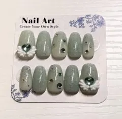 グリーン系ラメ入りネイルチップ