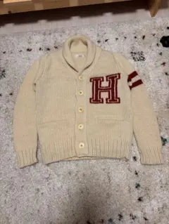 古着　H刺繍クリーム色ニットカーディガン