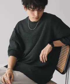 【MONO-MART】ジャガードメッシュニットルーズ半袖プルオーバー チャコール