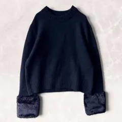 【良品】ZARA袖ファー付き クルーネック リブニット ブラック M 上品