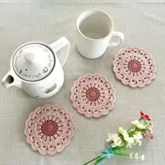 さくら色　手編み　ドイリー　コースター　茶托　ガーランド　3枚　ハンドメイド