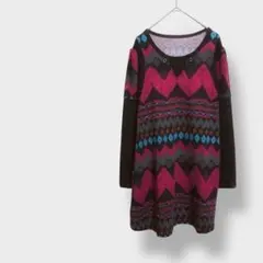 ワンピース　 長袖　幾何学柄 膝丈　エスニック調　個性派　　レイヤード風