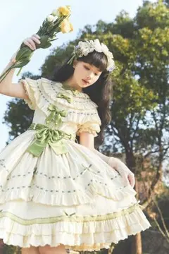 ロリータ ベージュグリーンのレースフリルリボンスカートワンピースセット ロリータ ベージュグリーンのレースフリルリボンスカートワンピース