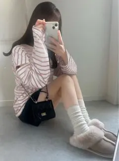 grl fo1647 ボーダー柄ショルダースリットルーズトップス　ピンク