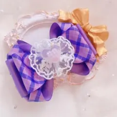 ハンドメイド リボン ヘアゴム チェック パープル