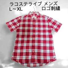 美品ラコステライブ 半袖チェックシャツ 赤×白×青 メンズL 41ロゴ刺繍のサムネイル