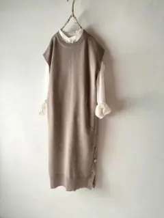 ronnguwannpi-su ノースリーブ ワンピース ベージュ ニット