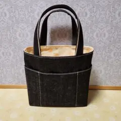 ハンドメイドブラックデニムミニトートバッグピーチブロッサム柄