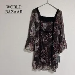 ワールドバザー 七分袖 チュニック 総柄 シフォン ブラウス シアー袖 花柄のサムネイル