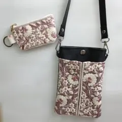 花柄刺繍 スマホショルダーバッグ 、ポーチ2点セット＊ハンドメイド