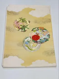 名古屋帯 花柄刺繍 クリーム色
