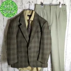 テーラードジャケットセットアップ　グリーン格子柄　ネクタイシャツ付　古着
