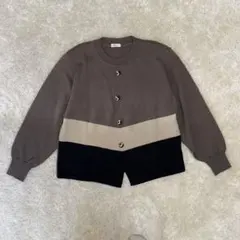 90s 配色ニットカーディガン ウール100％ レトロ 古着女子 レディース