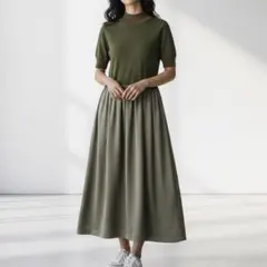 Y's ハイネック コンビ 半袖 ロングワンピース カーキ