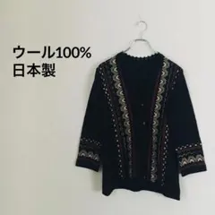 ノーブランド ニットカーディガン 昭和レトロ ビンテージ ウール100% 刺繍
