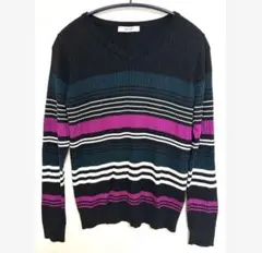 Right-on Vネック　ボーダー　長袖ニット　ブラック