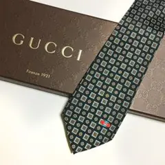 未使用級 グッチ GUCCI ネクタイ シルク100% ダークグリーン 総柄