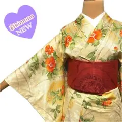 《10K147》洗える着物 小紋 袷 化繊 オレンジ 緑 対象身長～163cm