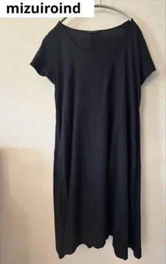 麻混 mizuiroind 半袖 ひざ丈ワンピース 黒のサムネイル