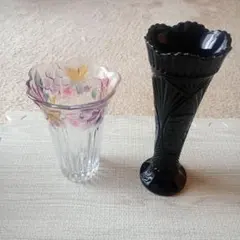 花瓶セット クリア・ブラック 花模様