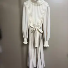 リブニット プリーツロングワンピース アイボリー