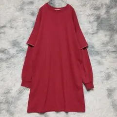 【KBF】赤長袖カットソーワンピース(F) リラックス　袖特徴的　刺繍
