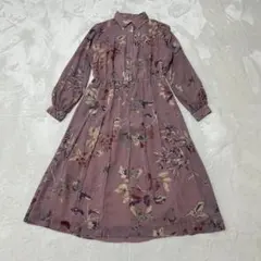 【訳あり】レトロワンピース　シャツワンピース　ピンク　花柄　シアー　くすみカラー