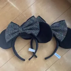 ミッキーマウス耳型カチューシャ 黒 ビジュー付き