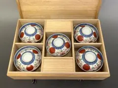 古伊万里　赤玉　瓔珞文　蓋付椀 5客セット 色絵 染付 茶道具 懐石道具 古伊万里 赤玉 瓔珞文 蓋付椀 5客セット 色絵 染付 茶道具 懐石道具