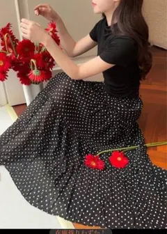 DAZY ウィメンズ ドット柄シフォン 多用途 ブラック&ホワイトスカート