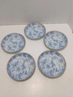 G2685【未使用・箱入り】たち吉 青花文 中皿 5枚セット 輪花 染付 和食器のサムネイル