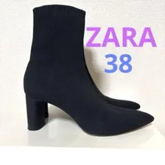 ZARA スクエアトゥストレッチニットショートブーツ 38 ブラックヒール