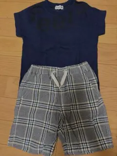 branshes ネイビー Tシャツとチェック柄ショートパンツセット 90cm