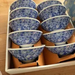 美品】有田焼 佐藤春水 染付 浓绘 茶碗 10客セット 共箱付き 饭碗 
