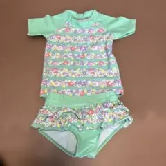 ミントグリーン 花柄 フリル付き水着セット