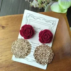 大ぶり フラメンコ ベリーダンス ゴールド 赤 薔薇 ボタン ピアス イヤリング