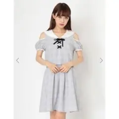 Ank Rouge チェック セーラーカラーオフショル ワンピ グレー