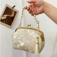 がま口 パーティバッグ ハンドバッグ ポーチ 刺繍 パール ショルダー ゴールド