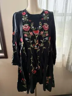花柄刺繍 チュニック ワンピース　ブラック