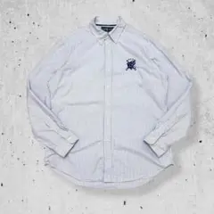 美品ラルフローレンBDシャツストライプブルー青白カスタムフィット刺繍ビッグロゴL