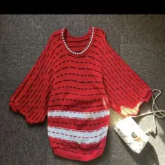 90's vintage 赤ストライプ ニットワンピース バルーン袖