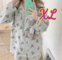 ルームウェア パジャマ XL クマ チェック柄 部屋着 新品 ノーブランド