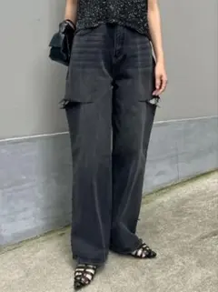 【 Re:EDIT 】サイドスリットワイドストレートコットンデニムパンツ