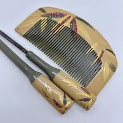 082601 木製　白漆　螺鈿金蒔絵　竹文様　櫛笄　かんざし