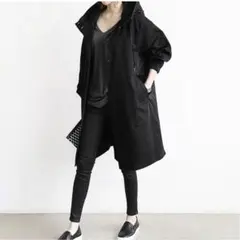 パーカートレンチコート　ブラック　フード付きロングジャケット
