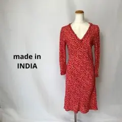 インド　インポート　花柄　リバティ　フリル　Vネック　ワンピース　赤　レッド